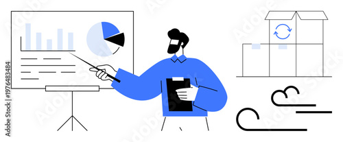 Business strategy, logistics, data analysis, sustainability, presentation, workflow. Man pointing to a chart with graphs, boxes and an arrowed cycle icon. Business strategy and logistics theme