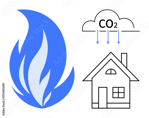 Energy efficiency, environmental impact, home heating, carbon emissions, sustainability, air quality. A blue flame with CO2 above a house. Energy efficiency and environmental impact concept