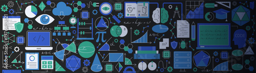 Dark Math Science Banner. Vector Illustration of Solid and Outline Education Objects. Mathematics Sign. School Background for Website.