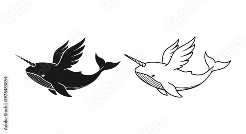 Unicorn Whales Mythical Sea Creatures Art Design Vector