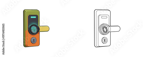 Smart door lock illustrations with fingerprint scanner in cartoon and line styles with green orange grey colors representing biometric home security on white background