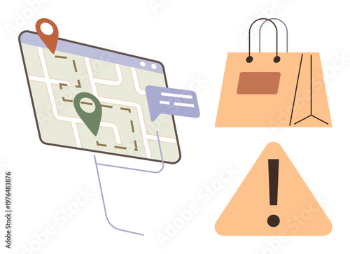 E-commerce, location services, shipping, alerts, notifications, navigation apps. Map with markers, shopping bag caution symbol. E-commerce and location services concept