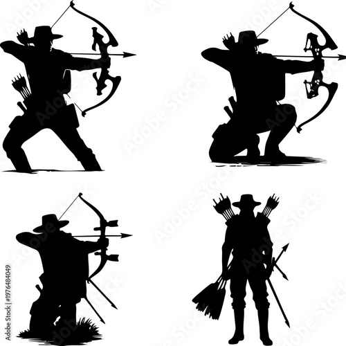 Silhouette Pack of Tactical Archers and Rifle Hunters Standing and Shooting in Natural Terrain