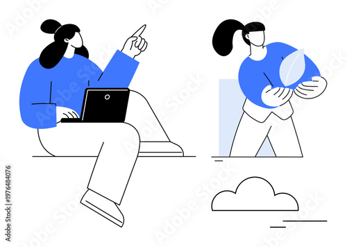 Teamwork, technology, green initiatives, innovation, eco-consciousness, creativity. Person using a laptop and another holding a leaf. Teamwork and environmental awareness productivity