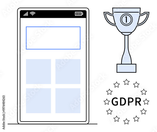 GDPR compliance. Mobile interface data protection with GDPR certification and a trophy reflecting data privacy success. GDPR compliance in business, technology, apps, security, legal