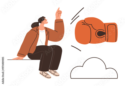Conflict resolution, decision-making, creativity, innovation, leadership, personal goals. Woman pointing upward with boxing glove and cloud nearby. Conflict resolution and decision-making concept