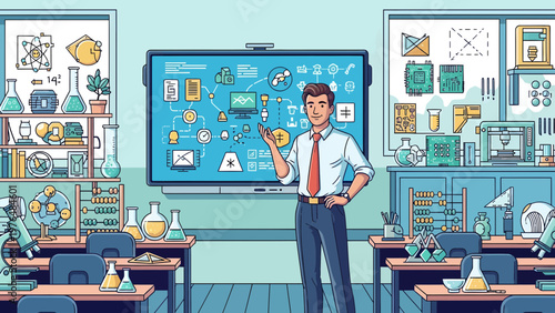 Young male teacher standing in front of a smart board in a classroom.