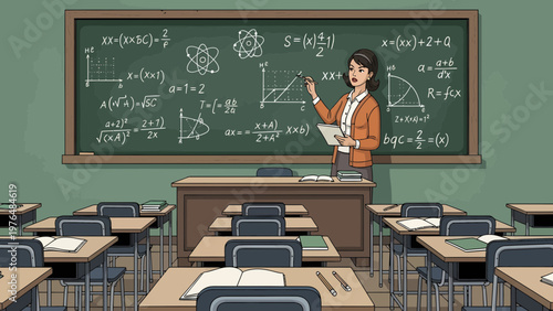 A female teacher stands in front of a blackboard filled with mathematical equations.