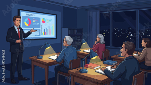 Business presentation with diverse audience in a classroom setting.