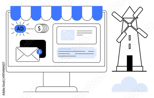 E-commerce, digital business, marketing strategy, online shopping, advertising, email notifications. Computer with transactional icons and notifications next to a windmill. E-commerce and digital
