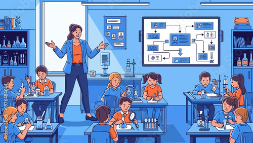 Children engaged in a science experiment with a teacher.