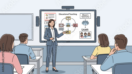 Businesswoman presenting educational content on a large screen to students in a classroom setting.