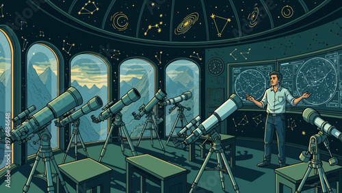 Astronomer in observatory explaining celestial navigation.