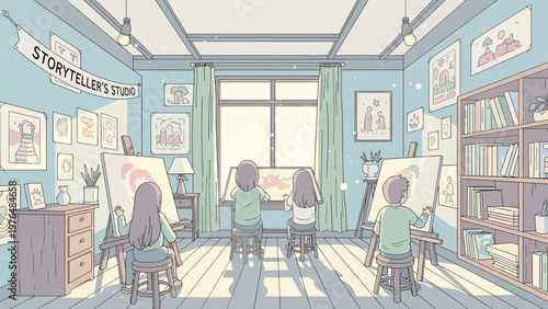 Children learning art in a bright studio classroom.