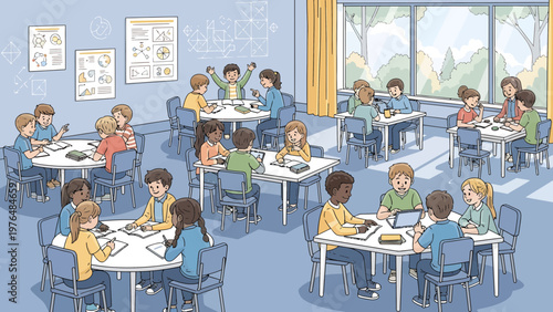 Children learning and collaborating in a bright classroom setting.