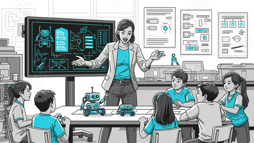 Children learning robotics and technology in a classroom setting.