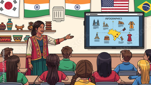 Diverse classroom learning about global cultures and geography.