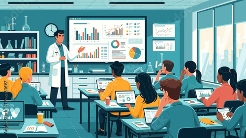 Diverse students engaged in a science lecture with a professor presenting data.