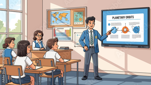 Teacher explaining planetary orbits to students in a classroom setting.