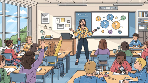 Teacher leading interactive lesson in modern classroom with engaged students.