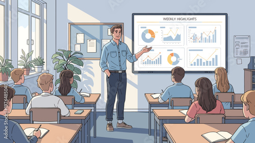 Teacher presenting data charts on interactive screen to students.