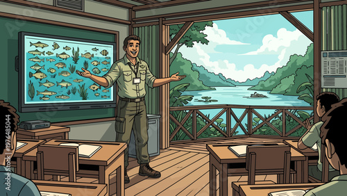 Teacher presenting fish species in a classroom setting.