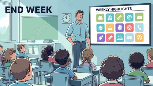 Teacher presenting weekly highlights to attentive students in a classroom setting.