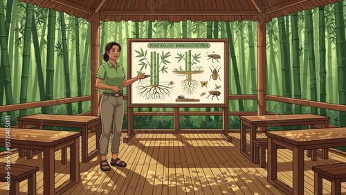 Woman teaching about plants in an outdoor classroom.