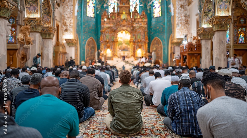 Fototapeta premium Devout congregation in ornate mosque, spiritual gathering