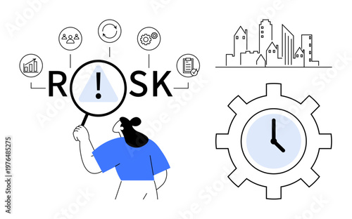 Risk management, business planning, urban development, time management, decision making, analytics. Woman analyzing risk with magnifier, icons city sketch and clock. Risk management and business
