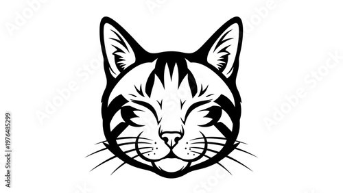 Black and White Graphic Cat Face Illustration, Stylized Feline Head with Stripes