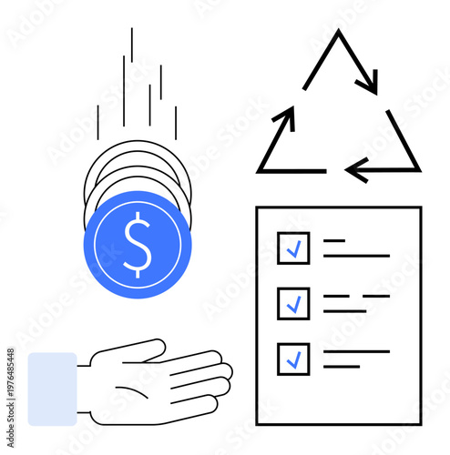 Financial planning, sustainability, workflow management, circular economy, investment strategies, responsible spending. Coins falling into a hand, checklist recycle icon. Financial planning