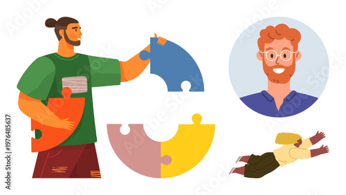 Teamwork, problem-solving, collaboration, personal identity, connection, creativity. People engaged with puzzle pieces and diverse individuals. Teamwork and problem-solving concept