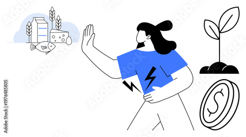 Sustainability, eco-friendly practices, healthy diet, renewable energy, financial management, environmental awareness. Woman gesturing with icons of food, plant and coin. Sustainability