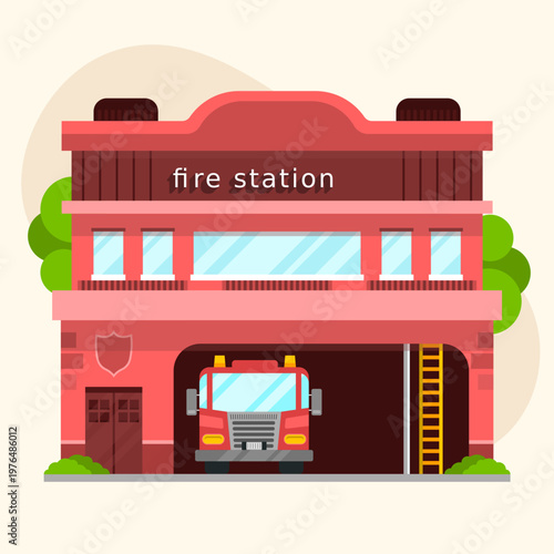 Fire station building illustration with fire truck in the garage