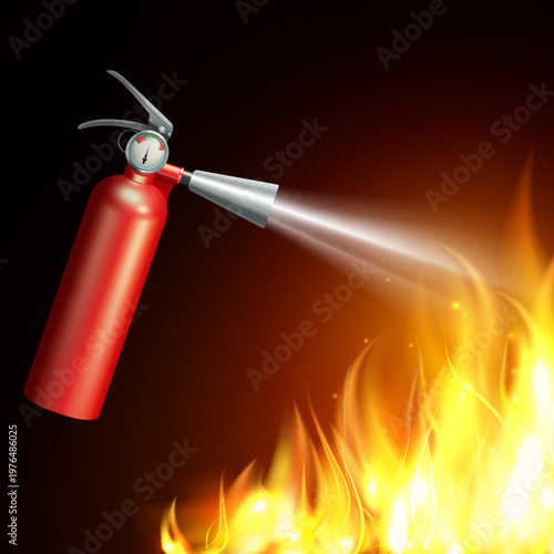 Fire extinguisher spraying powder to put out a fire flame background