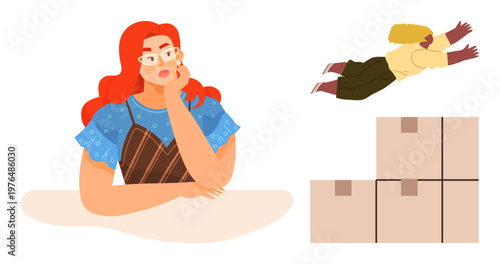 Creativity, teamwork, imagination, problem-solving, goal setting, inspiration. Woman thinking with hand-on-chin, flying person and four stacked boxes. Creativity and teamwork as key concepts