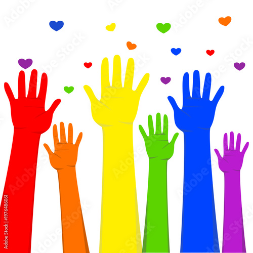Diverse Hands Raised with Colorful Hearts, Celebration of Love and Inclusion, Multicolored Arms Representing Unity and Community Support