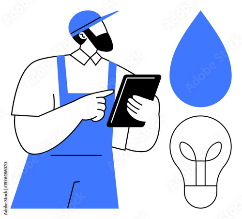 Water conservation, energy solutions, smart technology, eco-friendly systems, digital optimization, sustainability. Worker in overalls holding a tablet with water droplet and bulb symbols. Water