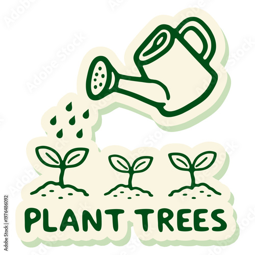 Plant Trees Sticker With Watering Can and Growing Sprouts Vector Illustration