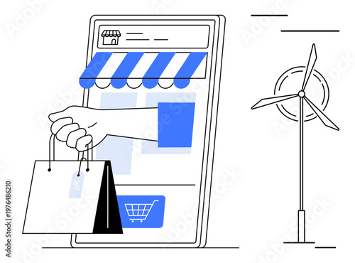 E-commerce, sustainability, renewable energy, digital transformation, green technology, eco-friendly shopping. A hand holding shopping bags from a digital store and wind turbine. E-commerce