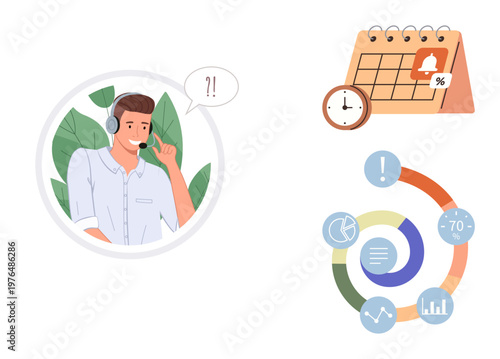 Customer service, time management, business productivity, scheduling, communication, workflow efficiency. A support agent with a headset, calendar and data infographic. Customer service