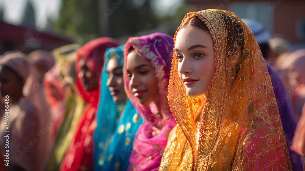 Fototapeta premium Golden light, veiled beauty, a captivating gaze.