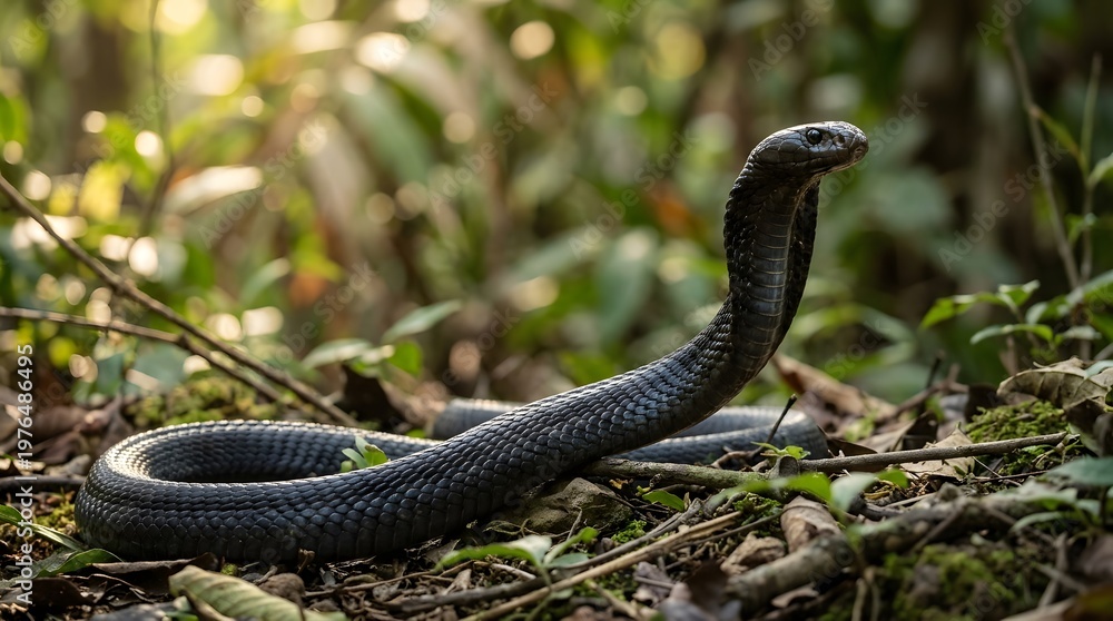 Fototapeta premium Black snake in forest habitat coiled.
