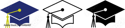 Traditional Graduation Hat Icons with Different Styles, Blue and Gold Academic Mortarboard Set, Higher Education Degree and Scholarship Symbol Graphics