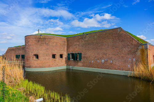 Building C (inscription “MUIZENFORT”, 1874), the Mouse Fort (Muizenfort) in the Muiden fortress, defended a branch of the Vecht River. Muiden, The Netherlands.