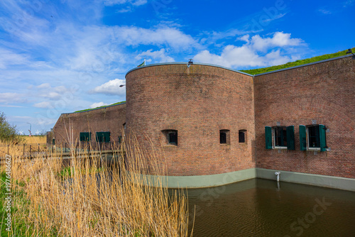 Building C (inscription “MUIZENFORT”, 1874), the Mouse Fort (Muizenfort) in the Muiden fortress, defended a branch of the Vecht River. Muiden, The Netherlands.