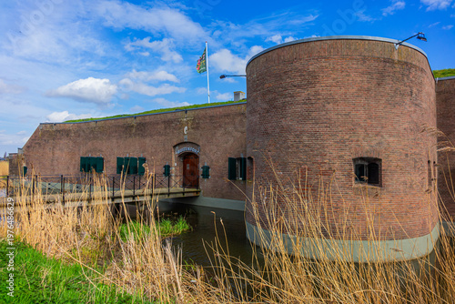 Building C (inscription “MUIZENFORT”, 1874), the Mouse Fort (Muizenfort) in the Muiden fortress, defended a branch of the Vecht River. Muiden, The Netherlands.