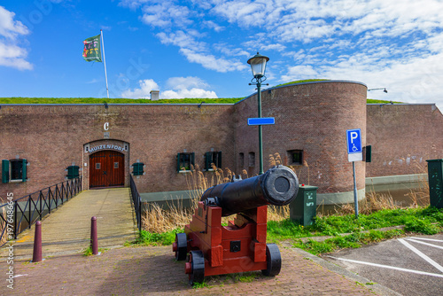 Building C (inscription “MUIZENFORT”, 1874), the Mouse Fort (Muizenfort) in the Muiden fortress, defended a branch of the Vecht River. Muiden, The Netherlands.
