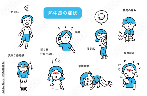 熱中症の症状を発症している人たちのイラストセット